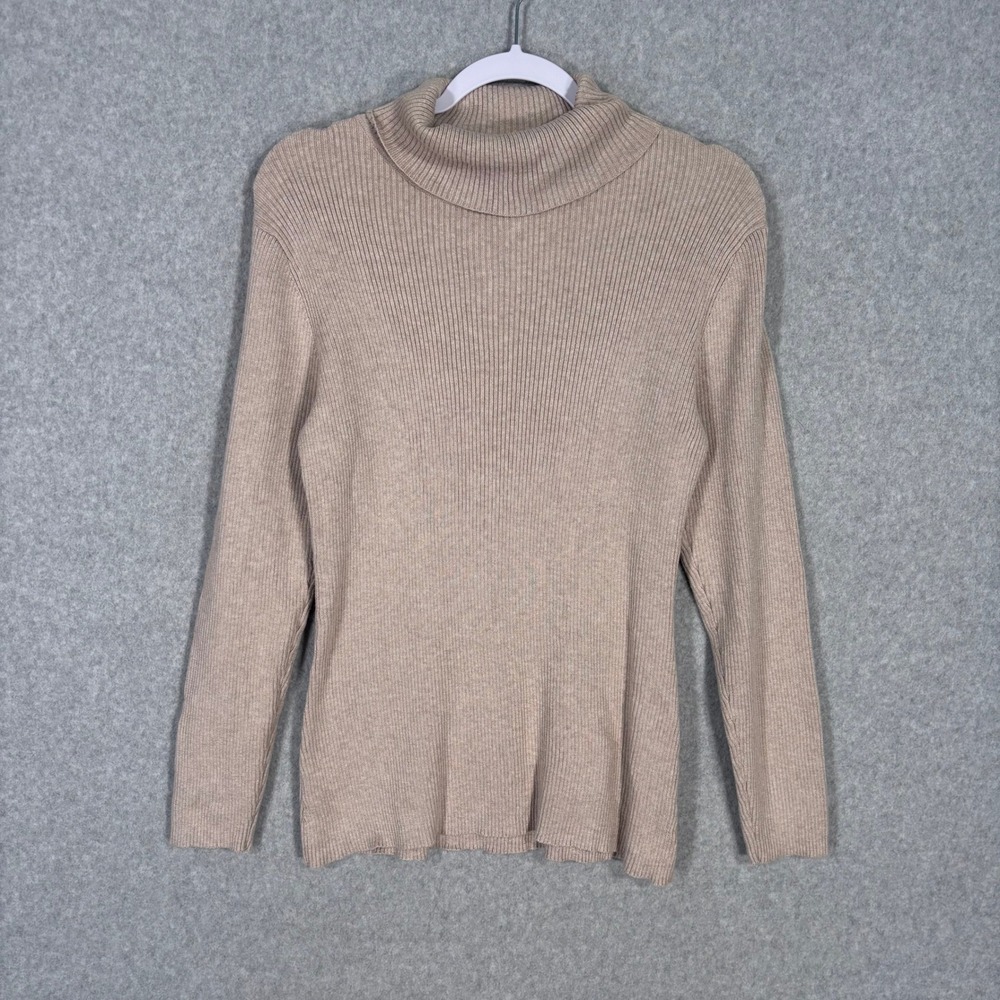 Tan Ribbed‎ Turtleneck Sweater Top XL 100% Cotton Neutral Minimalist Basic Thin